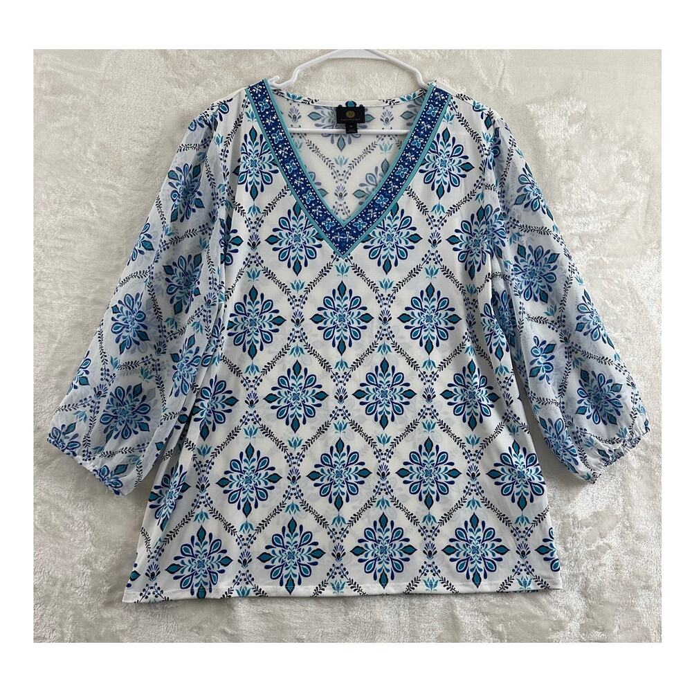 JM Collection Blue White Embellished Tunic Top XL Dainty Classy